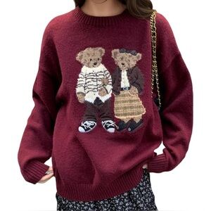 Burgundy Teddy Bear Knit Sweater